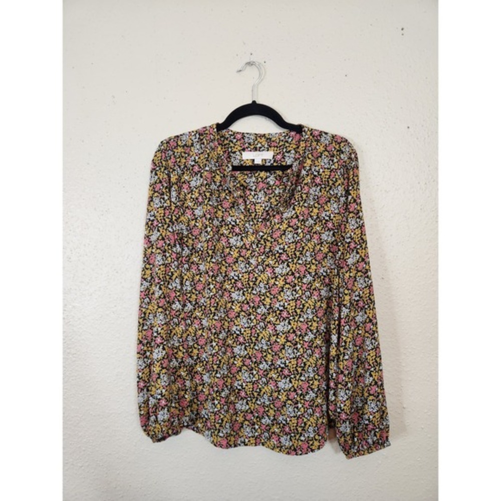 Loft Floral Blouse Long Sleeve V Neck Casual Top Black Pink Yellow M